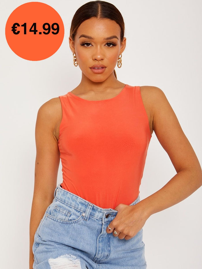 Orange Racer Back Sleeveless Slinky Bodysuit