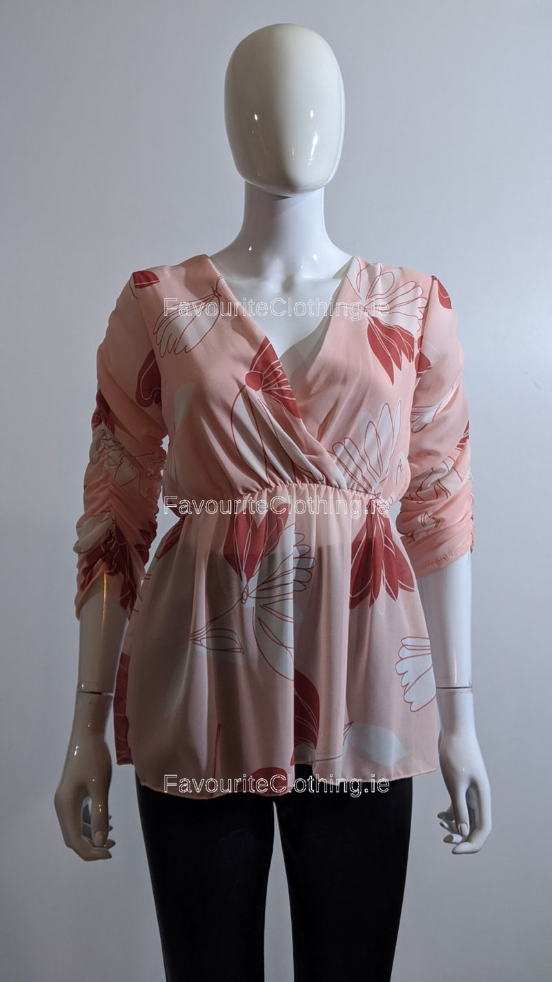 Pink Floral Wrap Front Top