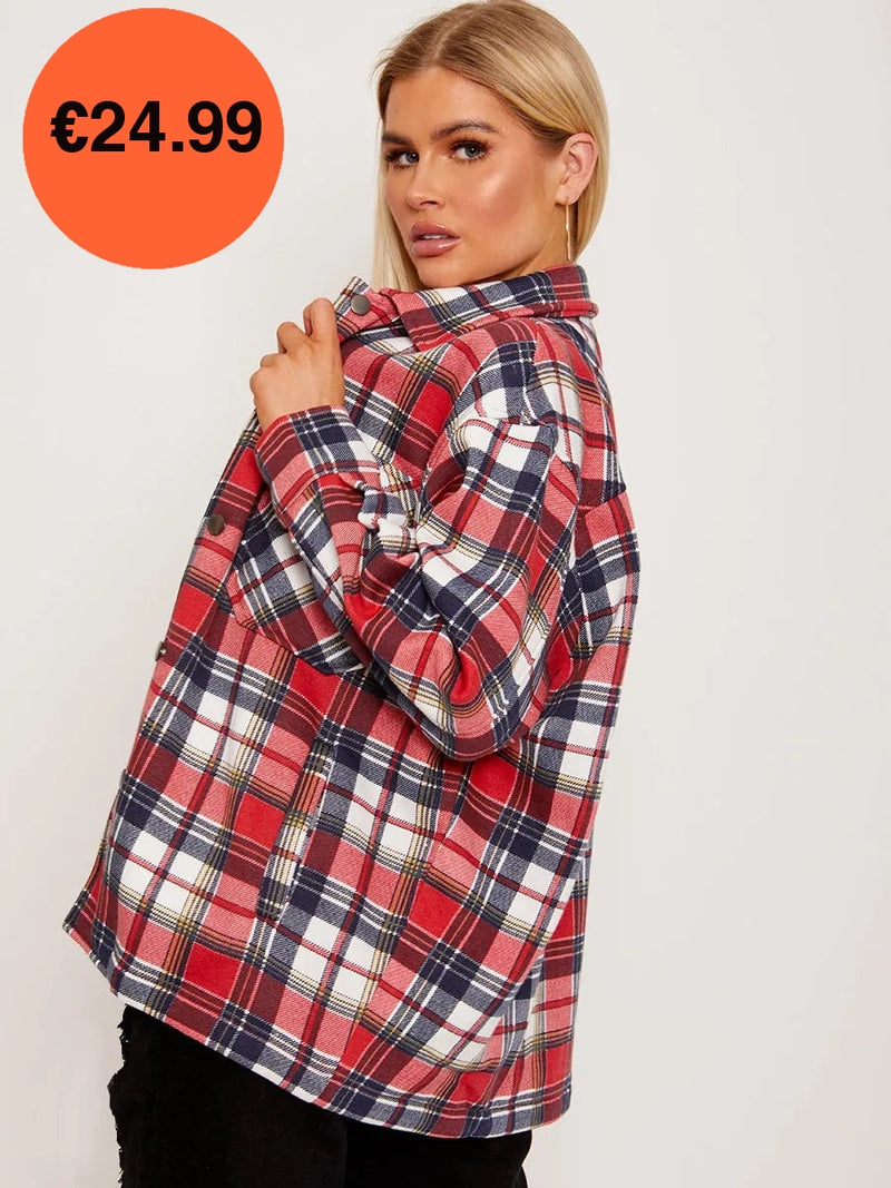 Red Oversized Checked Shirt Jacket