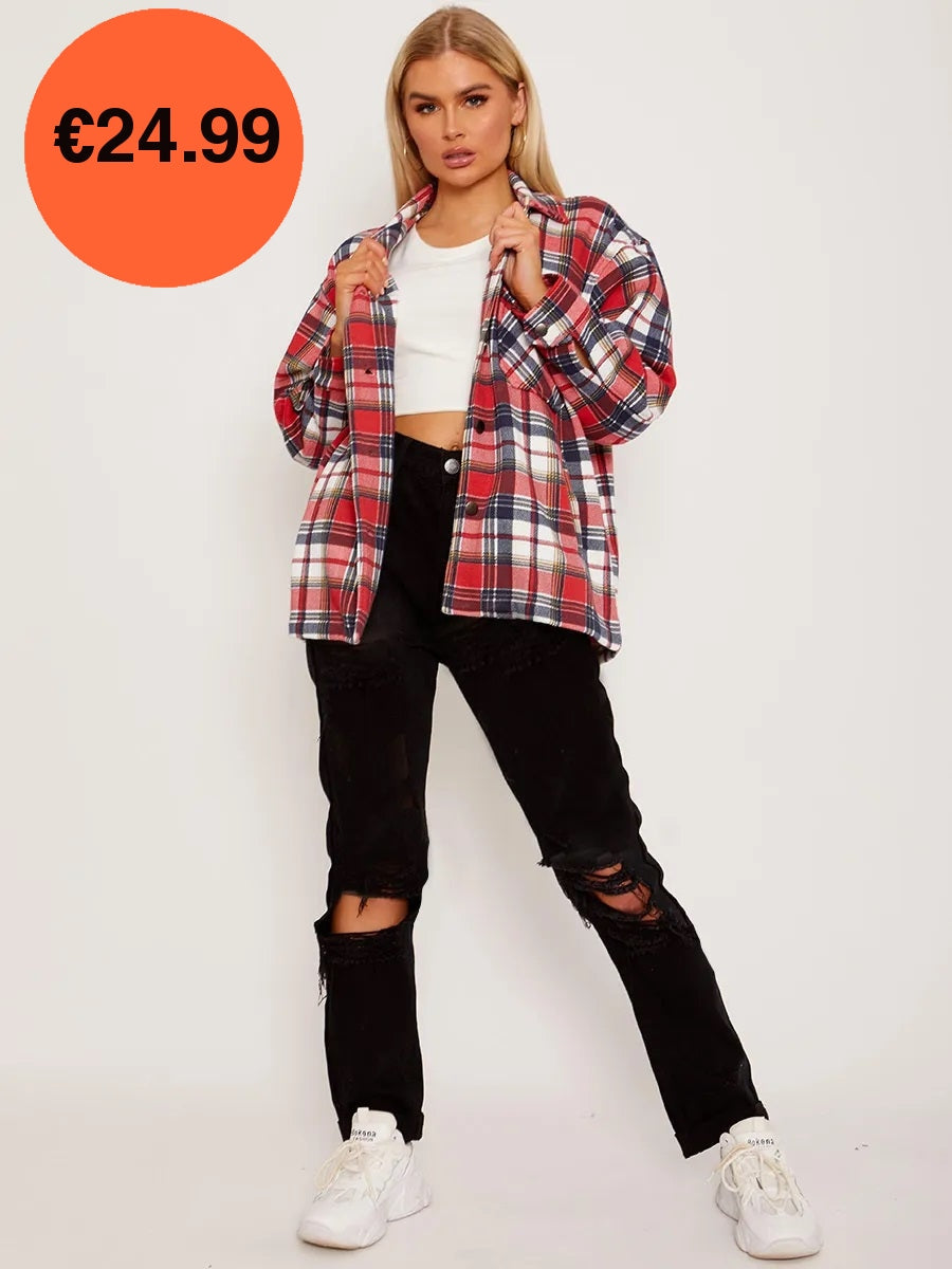 Red Oversized Checked Shirt Jacket