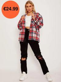 Red Oversized Checked Shirt Jacket