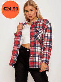 Red Oversized Checked Shirt Jacket
