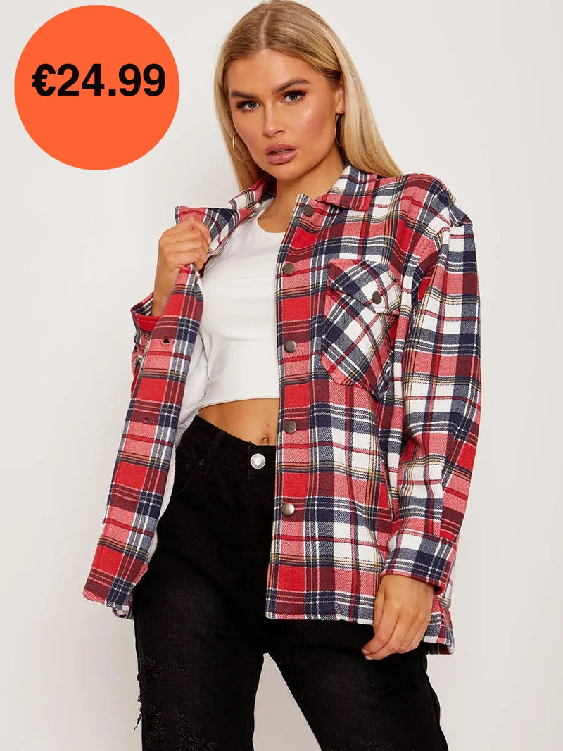 Red Oversized Checked Shirt Jacket