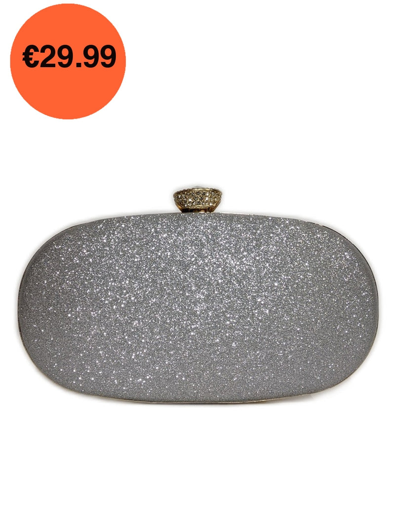 Silver Glitter Diamond Oval Clutch Bag With Gold Chain