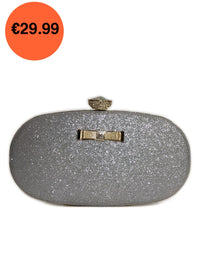 Silver Glitter Diamond Oval Clutch Bag with Gold Chain