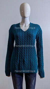 Teal V-Neck Cable Knit Jumper