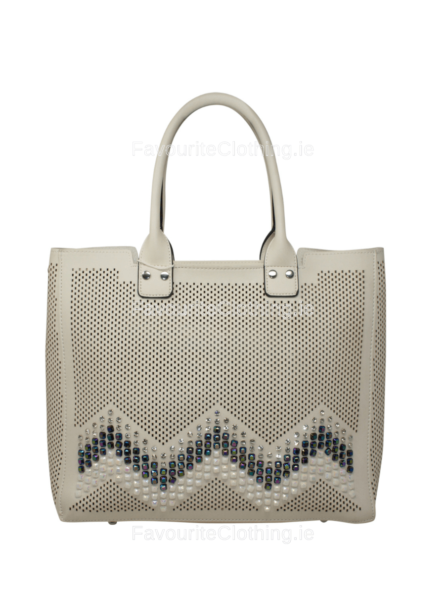 White Studded Zig Zag Decorative Tote Handbag Set