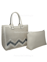 White Studded Zig Zag Decorative Tote Handbag Set